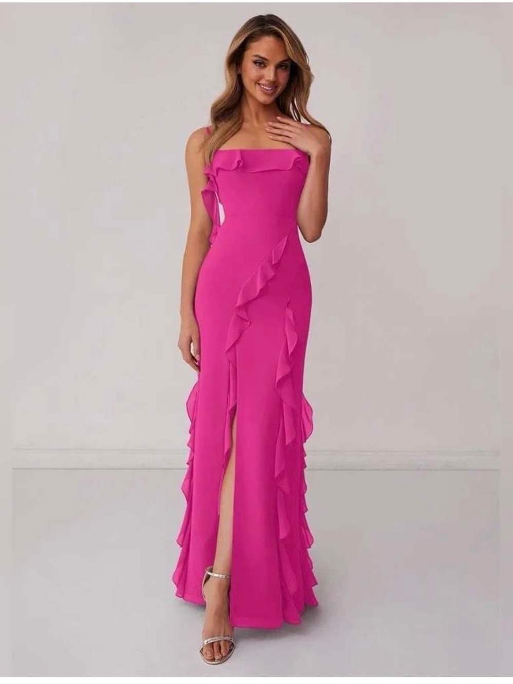 Azazie Barbie Line Fuchsia Strapless Ruffle Column Gown